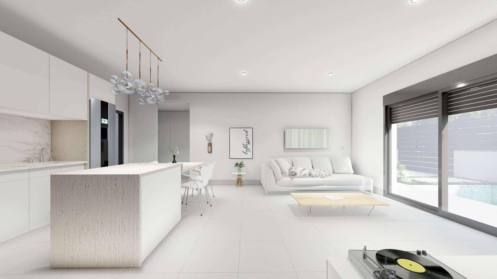 Geräumiger offener Wohnbereich mit integrierter Küche, Essbereich und Lounge-Sofa.