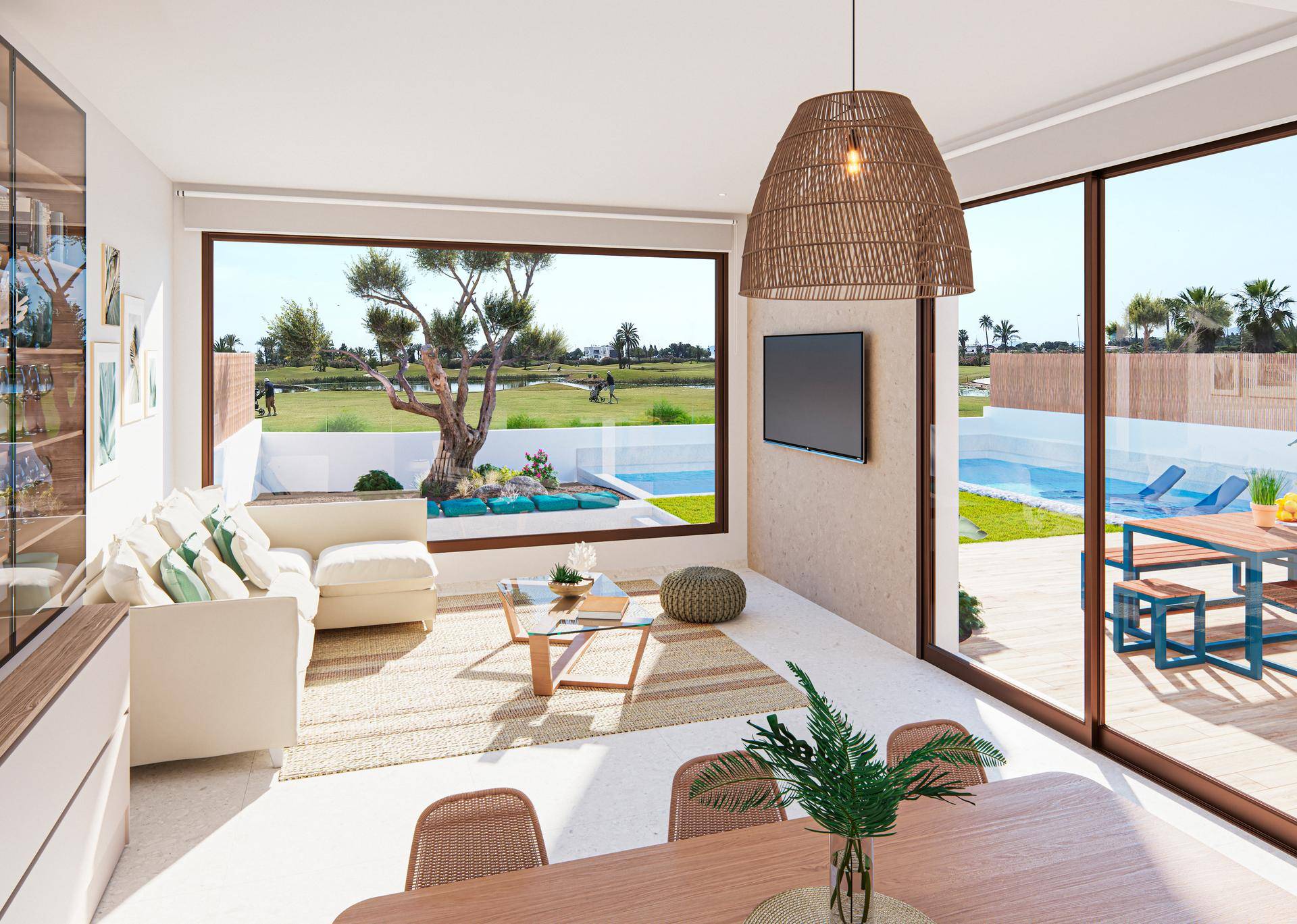 Heller Wohn- und Essbereich mit großen Fenstern und direktem Zugang zur Terrasse und Pool.