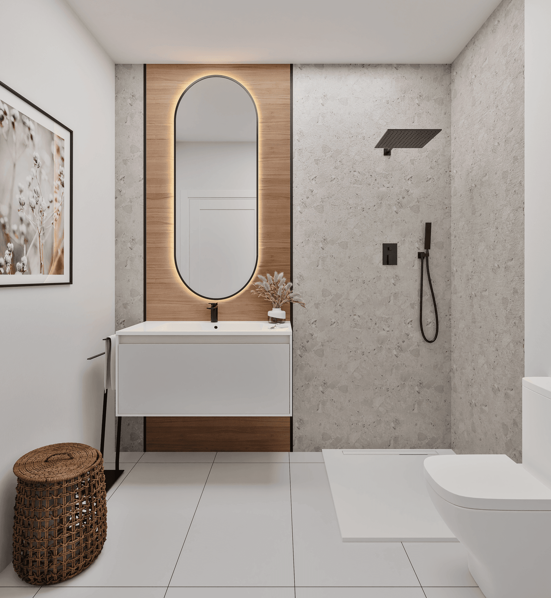 Zeitgemäßes Badezimmer mit begehbarer Dusche, weißem Waschtisch und beleuchtetem Spiegel.