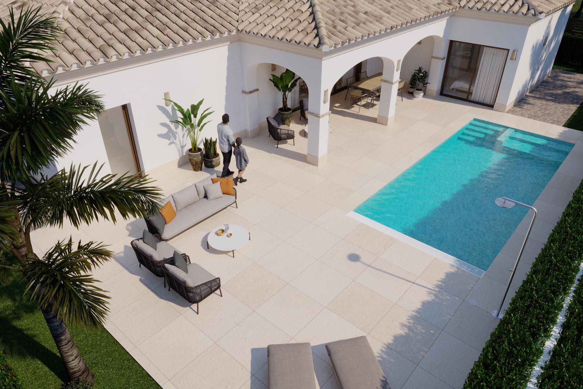 Vogelperspektive der modernen Villa mit weitläufiger Terrasse, großem Pool und üppiger Bepflanzung.