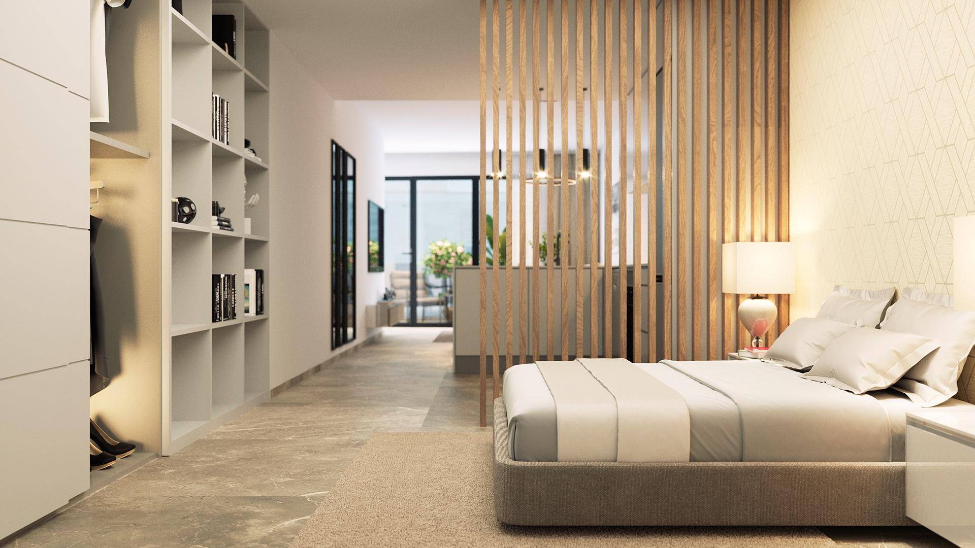 Modernes Schlafzimmer mit Bett, offenem Kleiderschrank und Holzlamellen als Raumteiler.