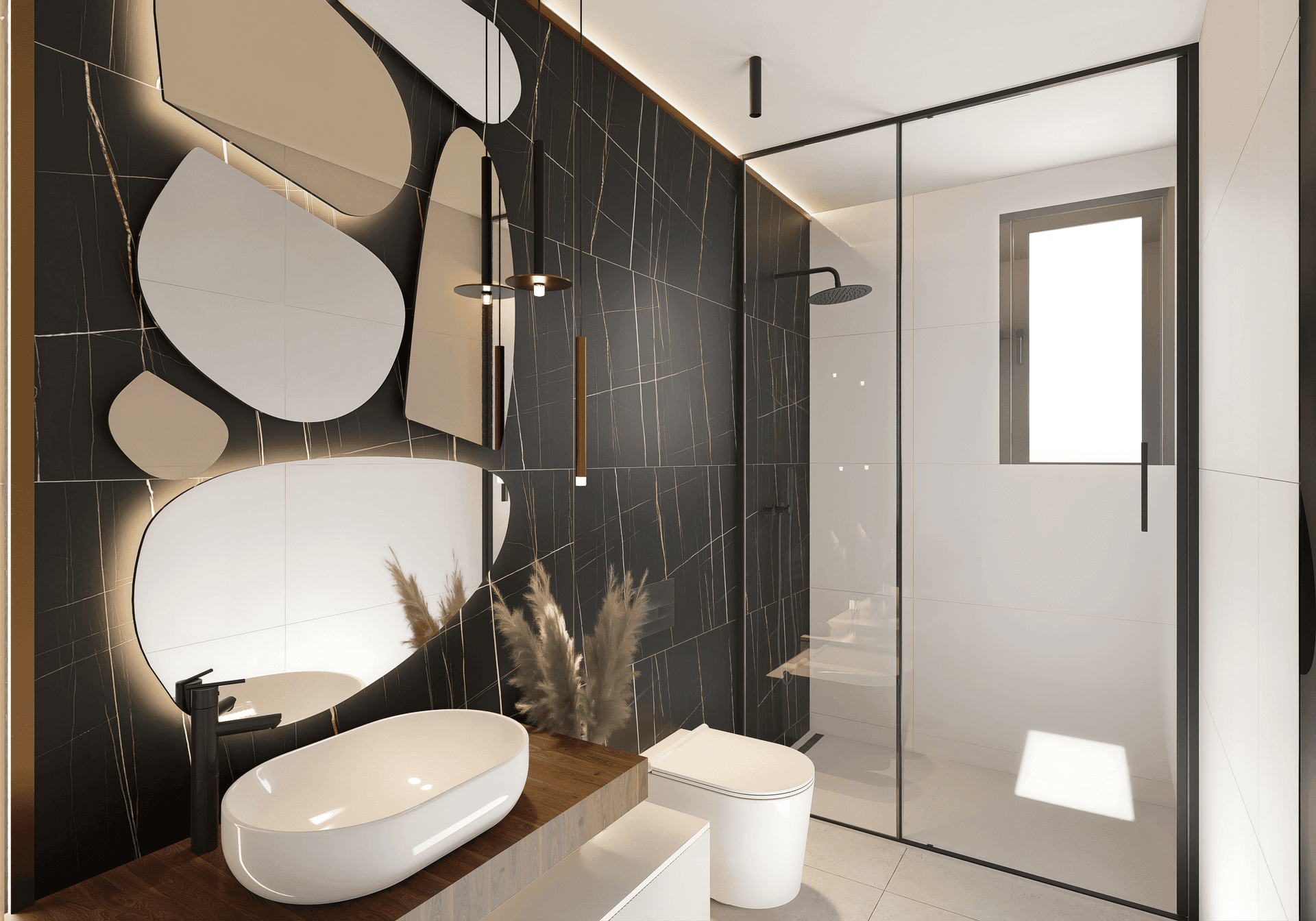 Luxuriöses Badezimmer mit schwarzen Marmorfliesen, begehbarer Dusche und modernem Waschtisch mit ovalem Waschbecken.