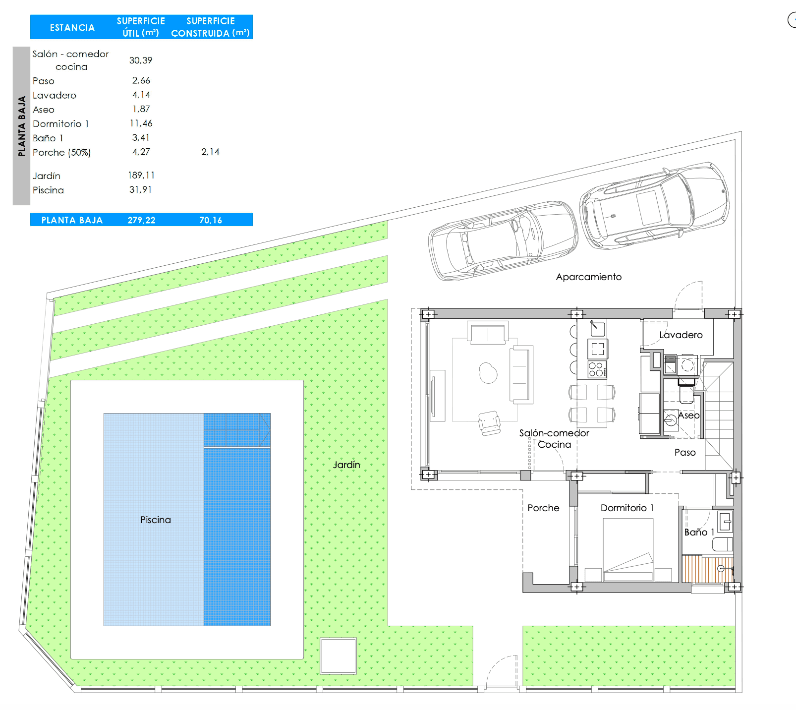 Grundriss des Erdgeschosses mit offenem Wohnbereich, Schlafzimmer, Pool und großem Garten.