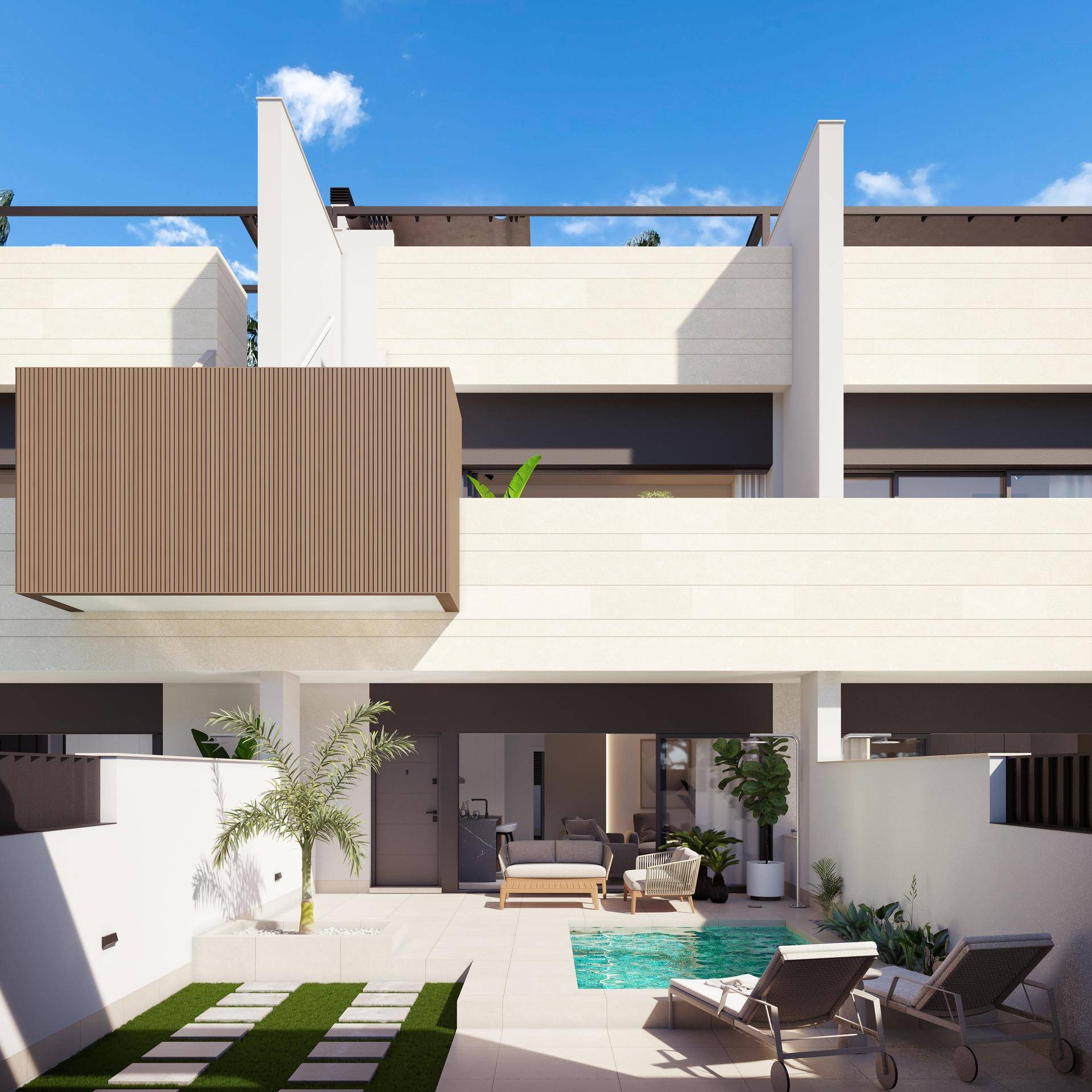 Visualisierung der modernen Hausfassade mit privatem Pool und Liegebereich im Garten.