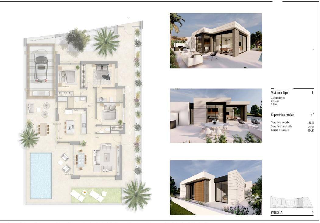 Detaillierter Grundriss des Hauses mit Außenbereich, Pool und Carport.