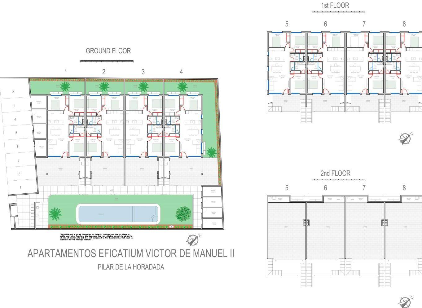 Detaillierter Grundriss des Wohnkomplexes mit Erdgeschoss, erstem und zweitem Stock sowie Außenbereichen.