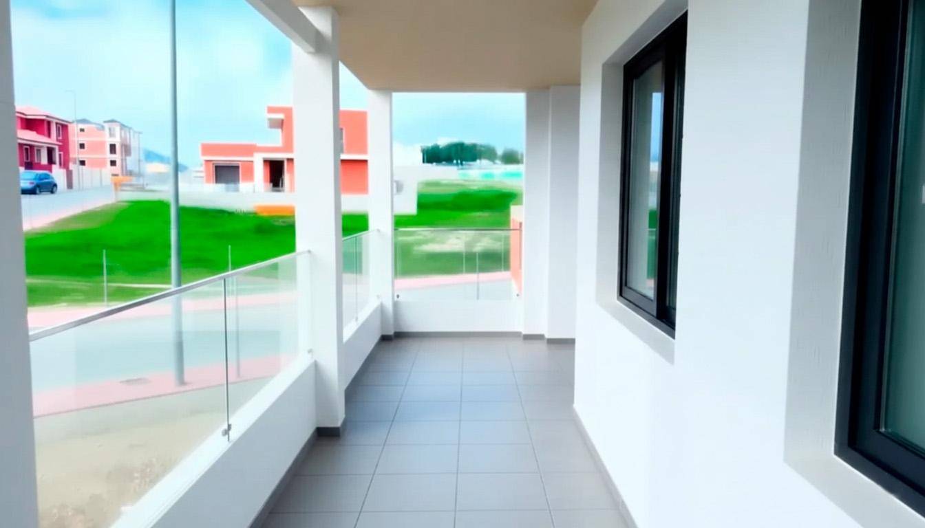 Leerer Balkon mit Glasgeländer und Blick auf die Umgebung eines Neubaugebietes.