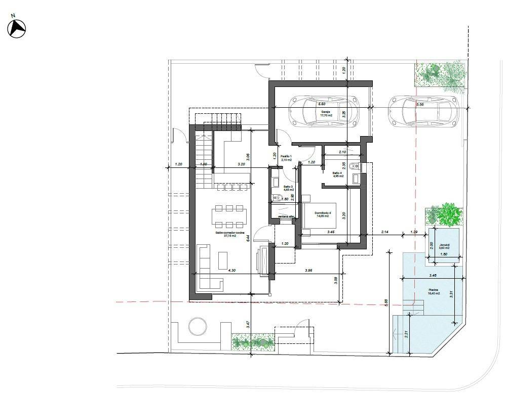 Grundriss des Erdgeschosses mit offenem Wohnbereich, Küche, Garage und Außenbereichen.