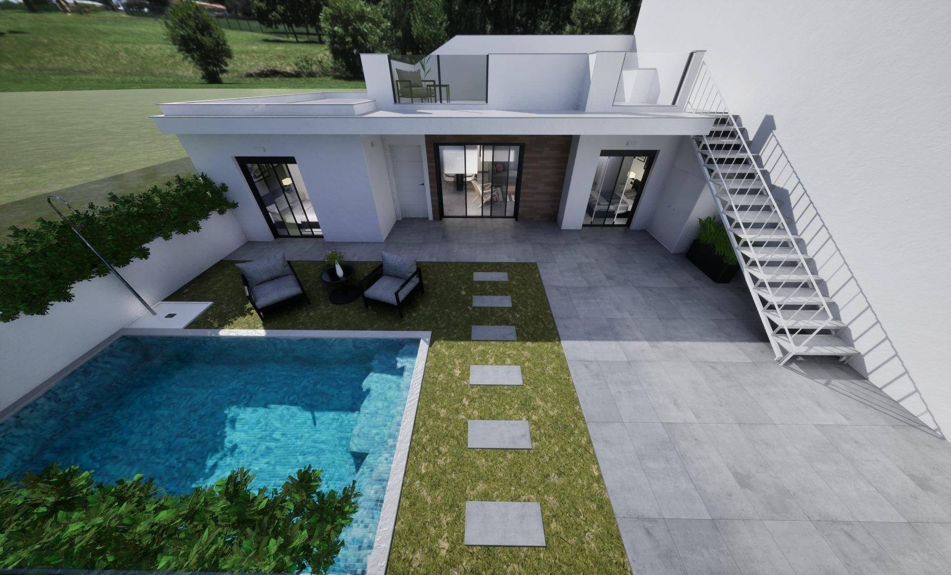 Vogelperspektive des modernen Hauses mit Pool, Terrasse und Blick auf die Landschaft.