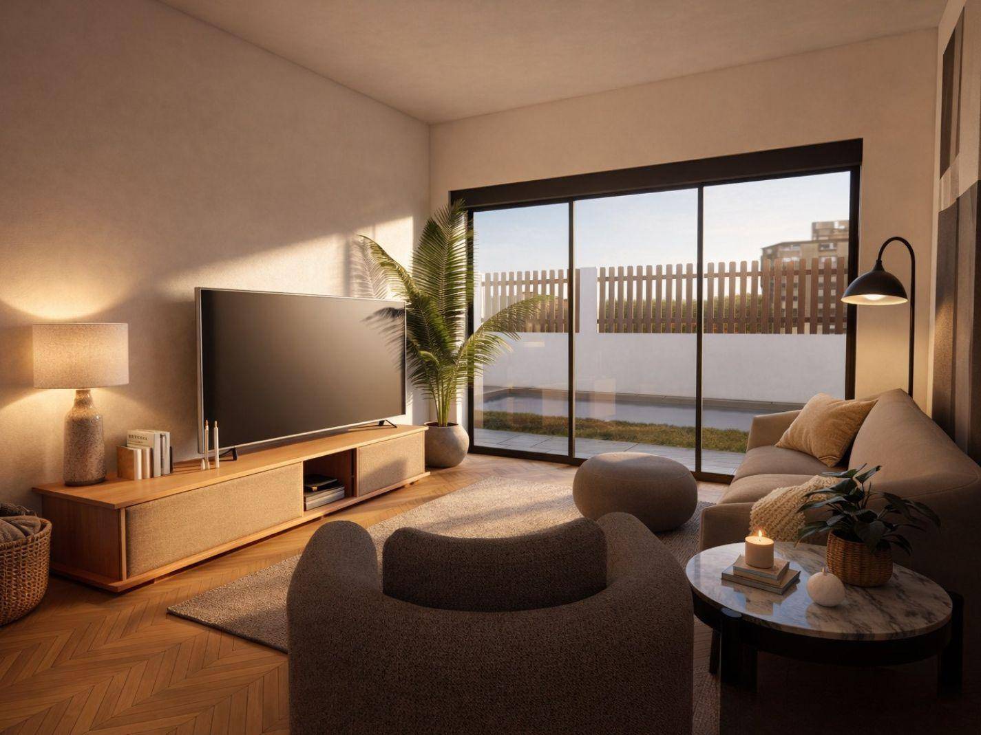 Helles Wohnzimmer mit großen Schiebetüren, Holzboden und moderner Einrichtung.