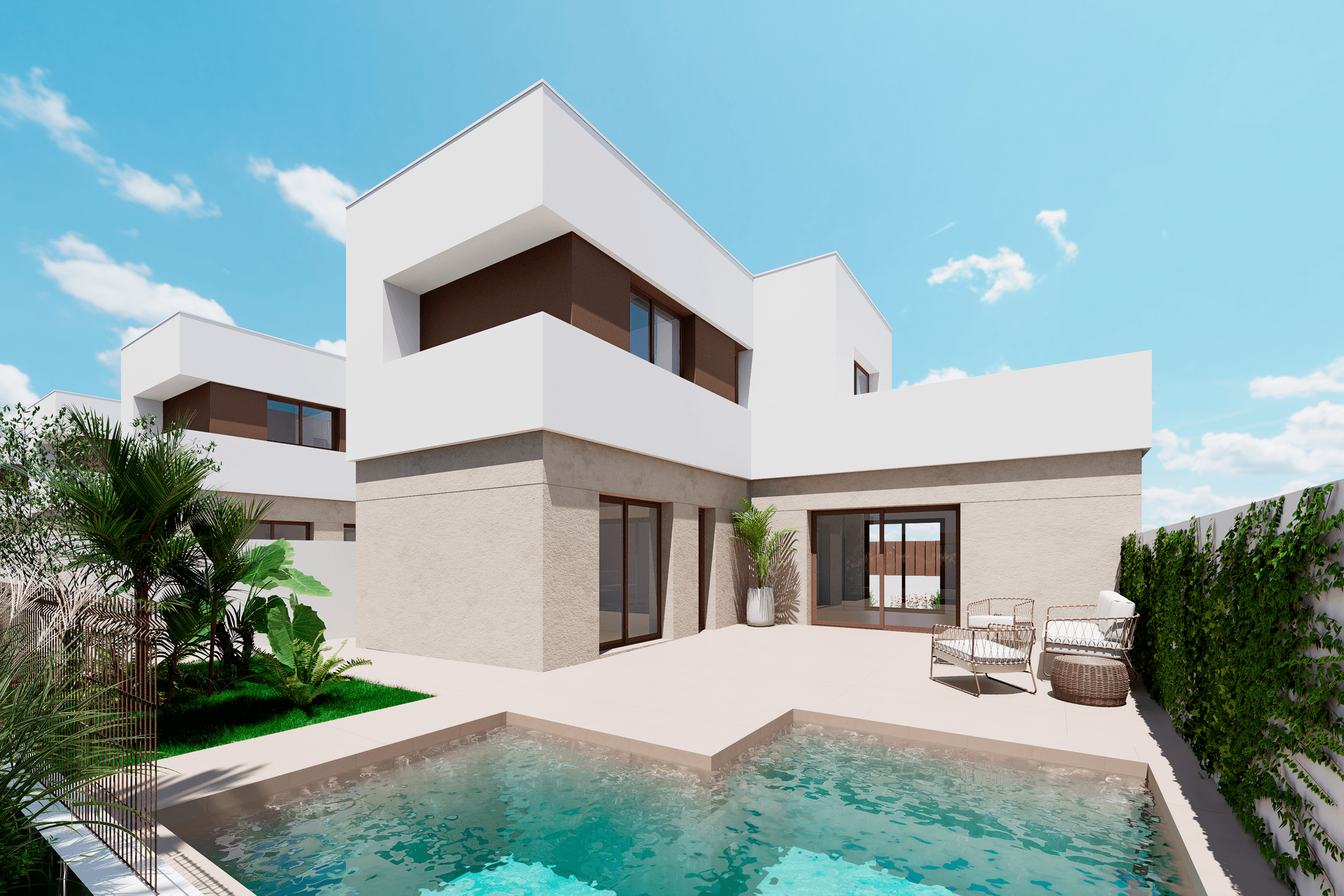 Moderne Villa mit privatem Pool und Terrasse, umgeben von grüner Bepflanzung unter blauem Himmel.