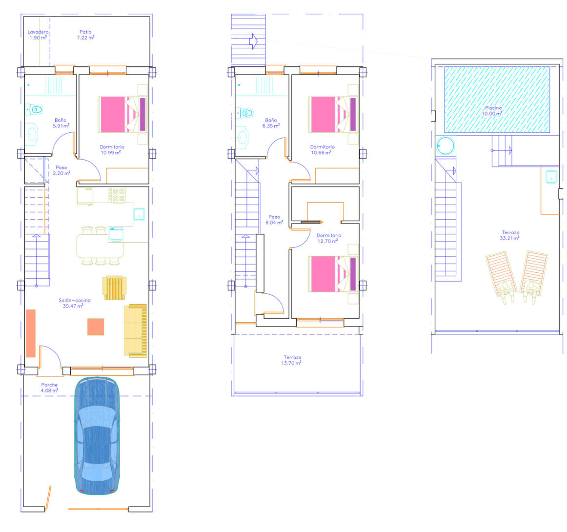 Detaillierter Grundrissplan eines Reihenhauses mit drei Schlafzimmern, Terrasse und privatem Pool.