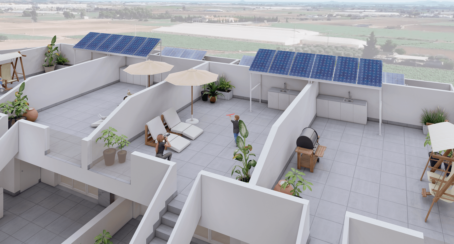 Gerenderte Dachterrasse mit Sonnenliegen, Grillbereich und Solaranlagen.