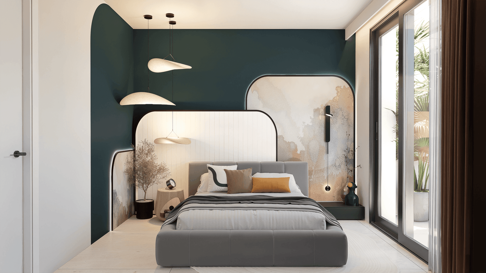 Modernes Schlafzimmer mit grauem Bett, künstlerischer Wandgestaltung in Petroltönen und Zugang zum Außenbereich.