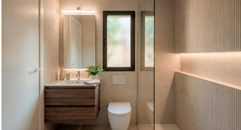 Modernes Badezimmer mit schwebendem Waschtisch, Wand-WC und Fenster für Tageslicht.