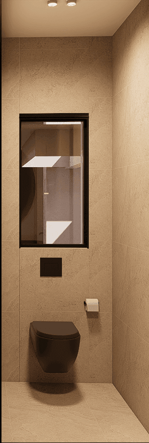 Modernes Gäste-WC mit wandhängender Toilette, beigefarbenen Fliesen und einem kleinen Fenster.