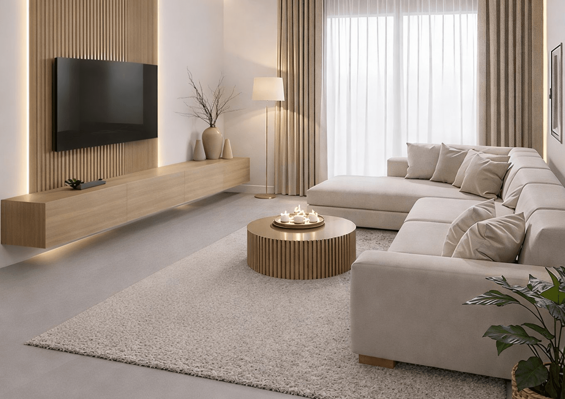 Modernes Wohnzimmer mit großem Ecksofa, Holzpaneelen und schwebendem TV-Möbel.