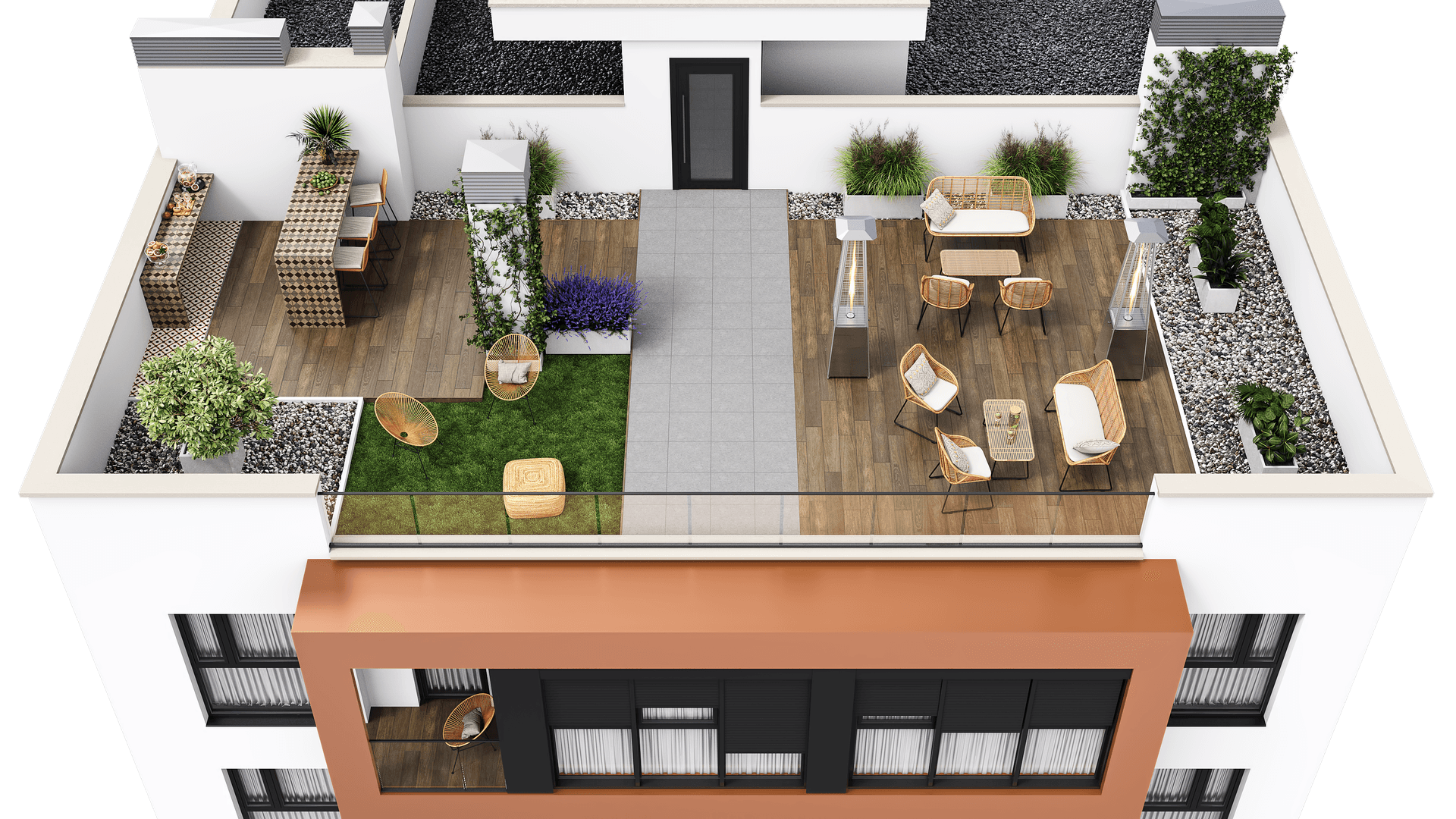 Übersicht der Dachterrasse mit verschiedenen Zonen für Entspannung und Bewirtung.