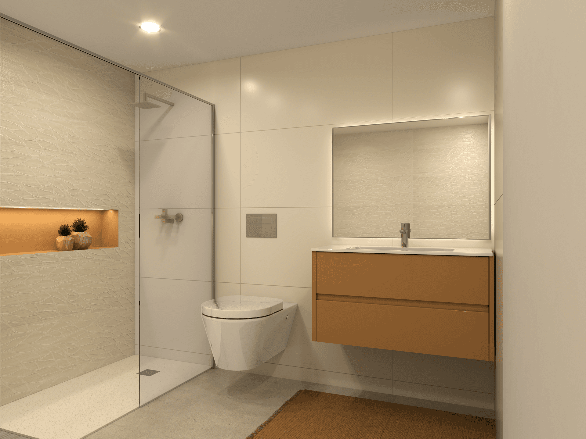 Modernes Badezimmer mit begehbarer Dusche, wandhängendem WC und einem schwebenden Waschtisch.