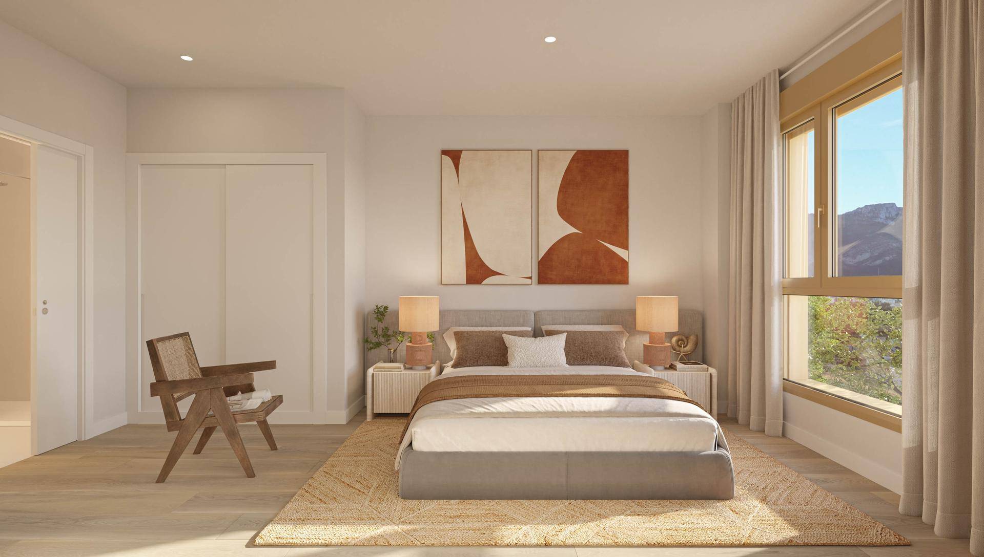 Helles Schlafzimmer mit modernem Bett, Holzboden und großem Fenster.