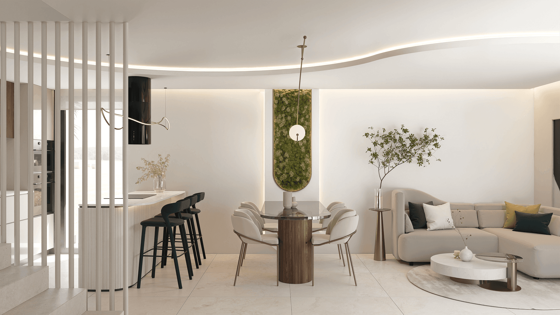 Offener Wohn-Essbereich mit integrierter Küche, modernem Esstisch und gemütlichem Sofa in hellem Ambiente.