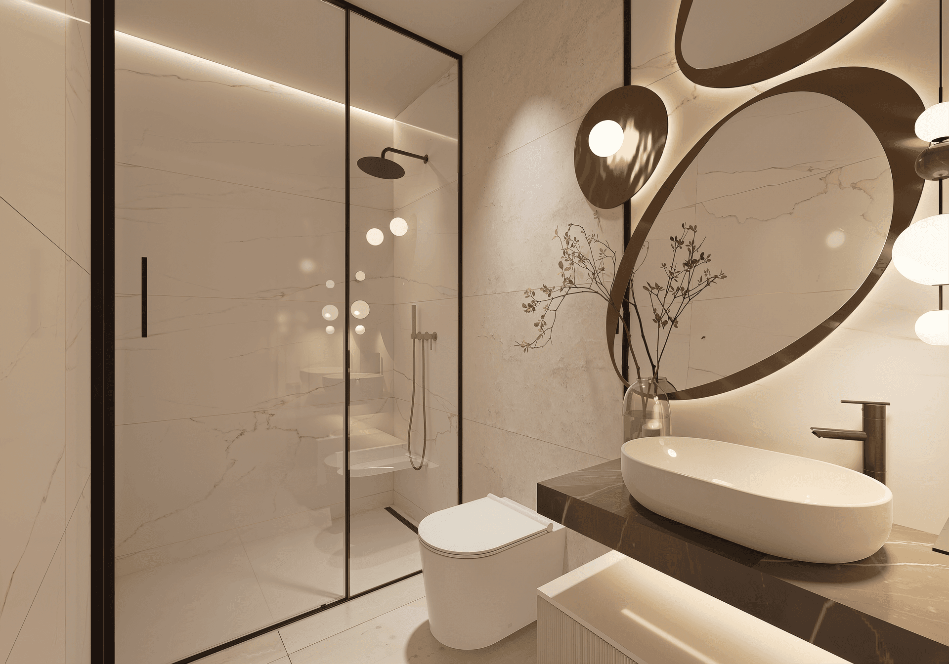 Elegantes Badezimmer mit weißen Marmorfliesen, geräumiger begehbarer Dusche und modernem Waschtisch mit ovalem Becken.