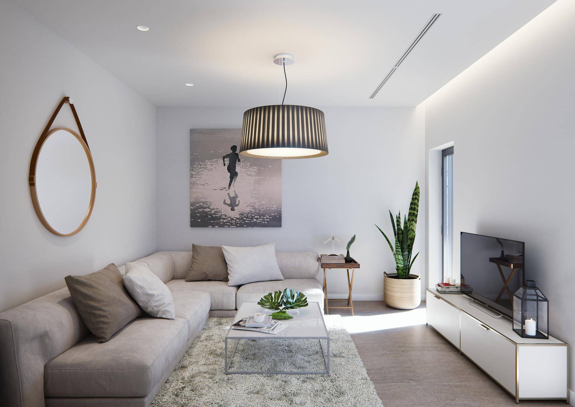 Gemütliches Wohnzimmer mit hellem Sofa, modernem Couchtisch und indirekter Beleuchtung.