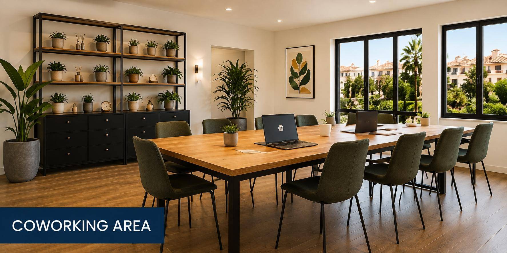 Heller Coworking-Bereich mit großem Holztisch, ergonomischen Stühlen und Blick ins Grüne.