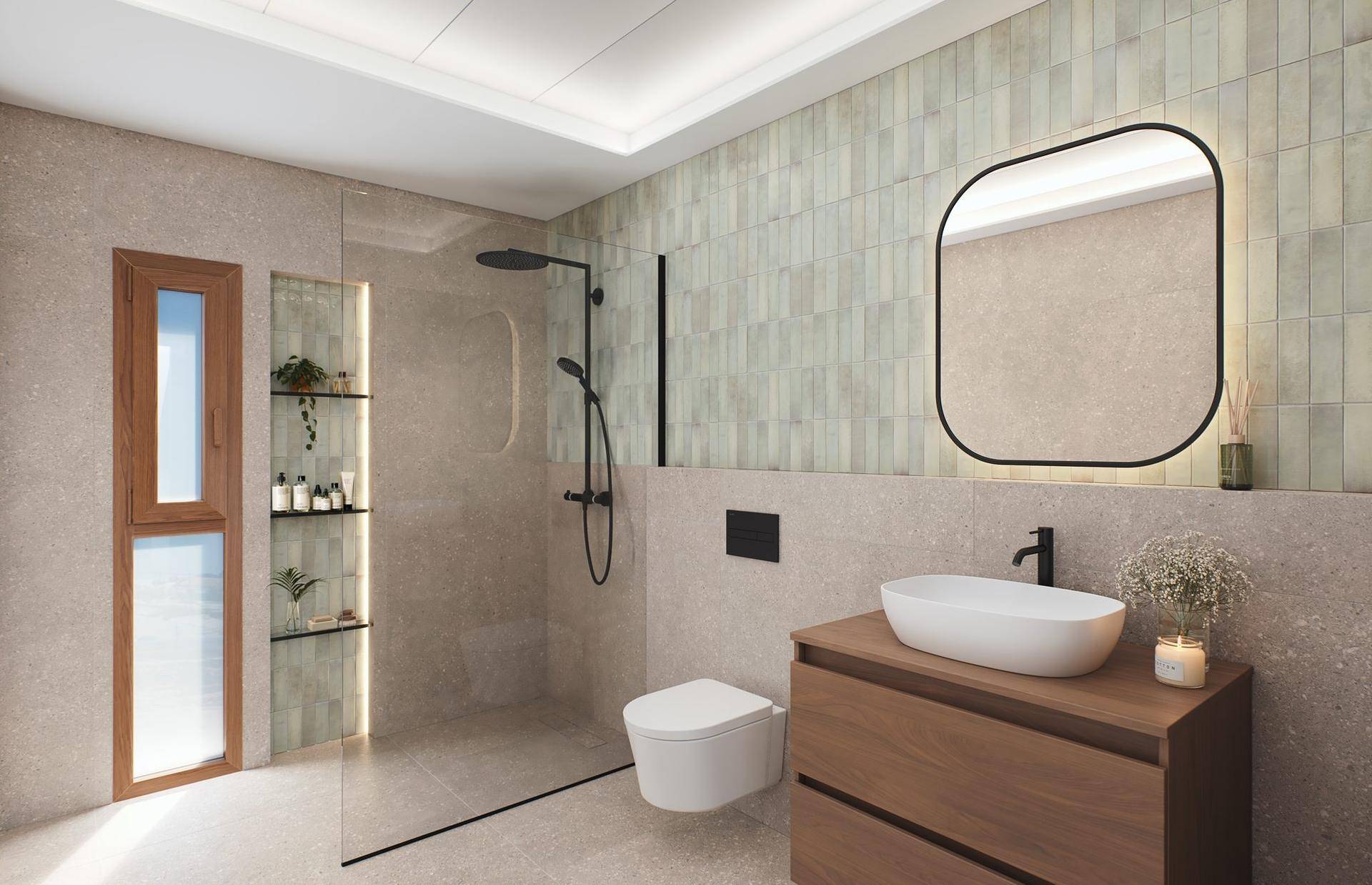 Modernes Badezimmer mit begehbarer Dusche, wandhängendem WC und stilvollem Waschtisch.