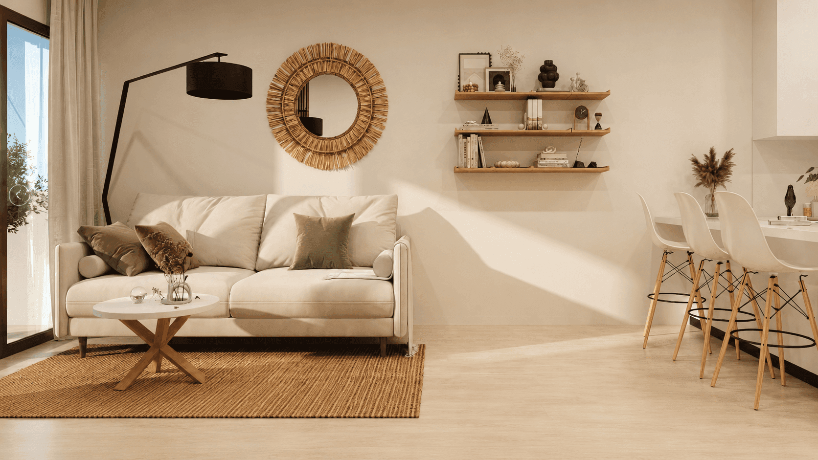 Helles, modern eingerichtetes Wohnzimmer mit beigem Sofa, Holzboden und Zugang zur Terrasse.