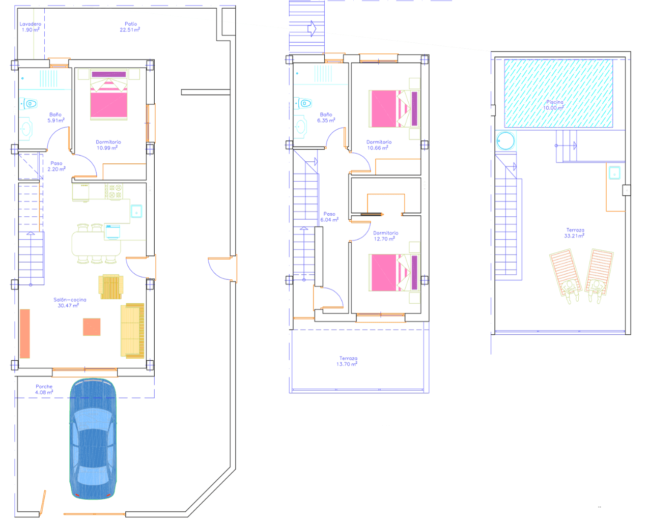 Grundrissdarstellung eines Reihenhauses mit Garage, offenem Wohnbereich und mehreren Terrassen.