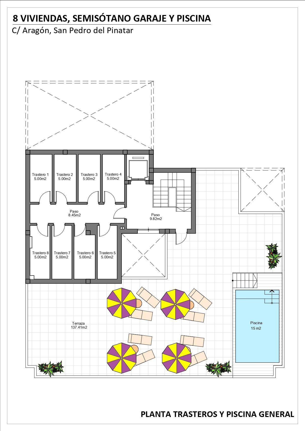 Grundriss der Dachterrasse mit Abstellräumen, Pool und großzügiger Liegefläche.