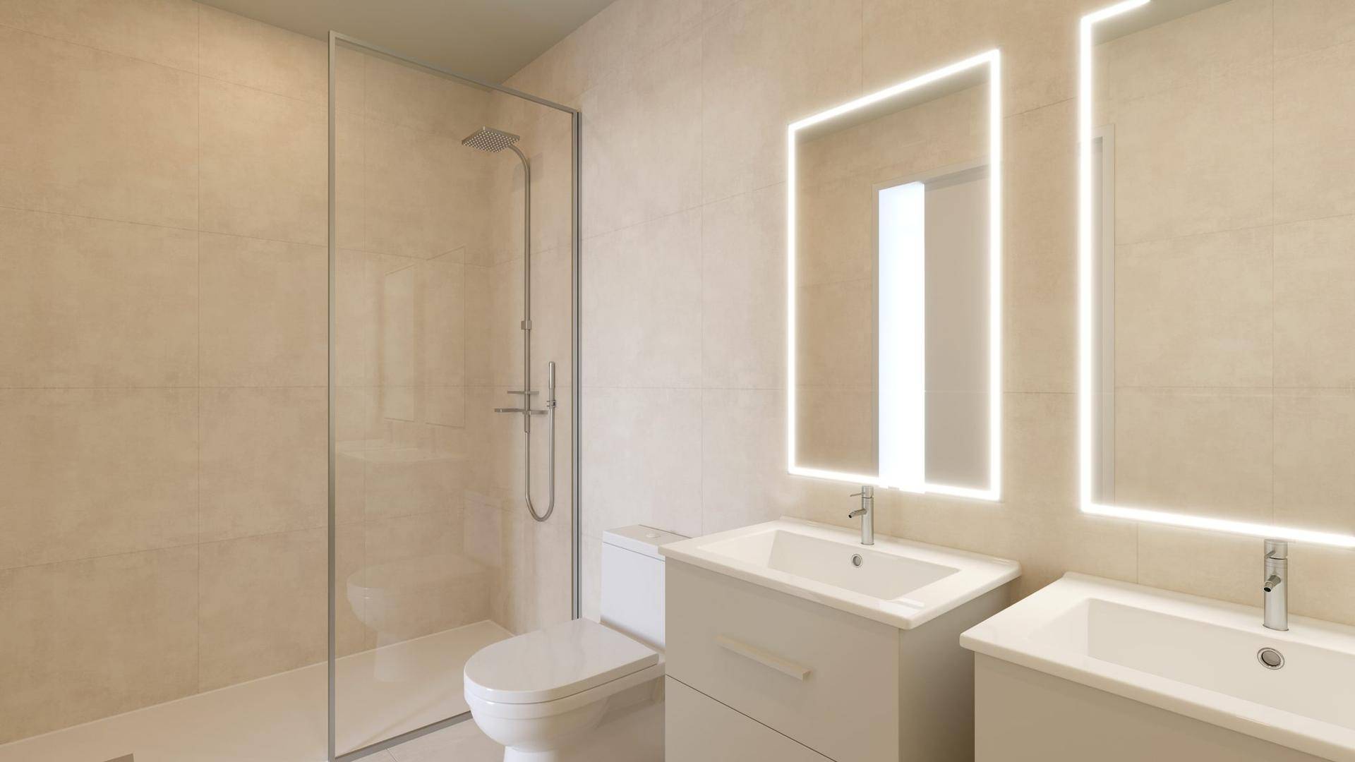 Modernes Badezimmer mit doppelten Waschbecken, beleuchteten Spiegeln und ebenerdiger Dusche.