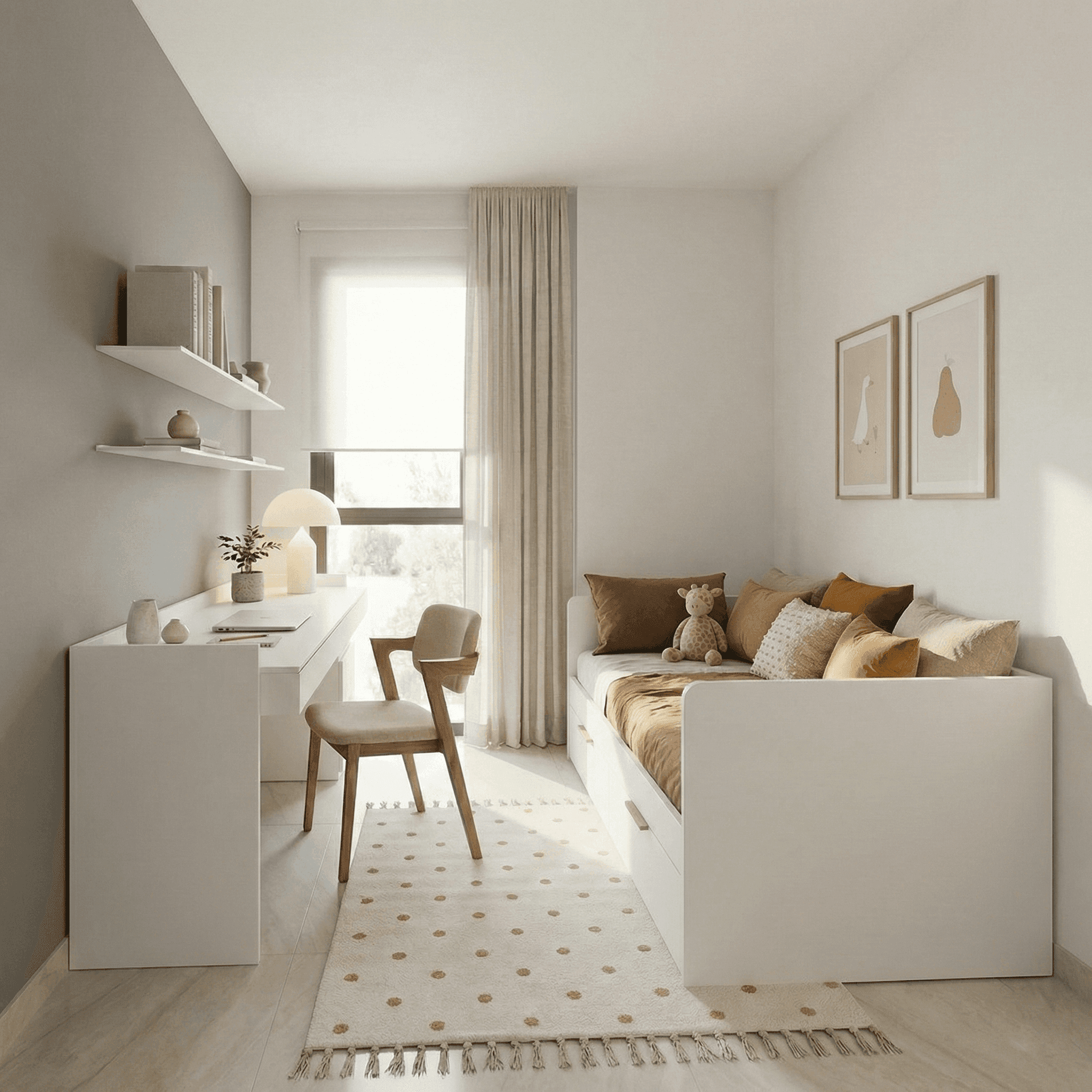 Helles Kinderzimmer mit Einzelbett, Schreibtisch und Fenster, ideal als Gästezimmer nutzbar.