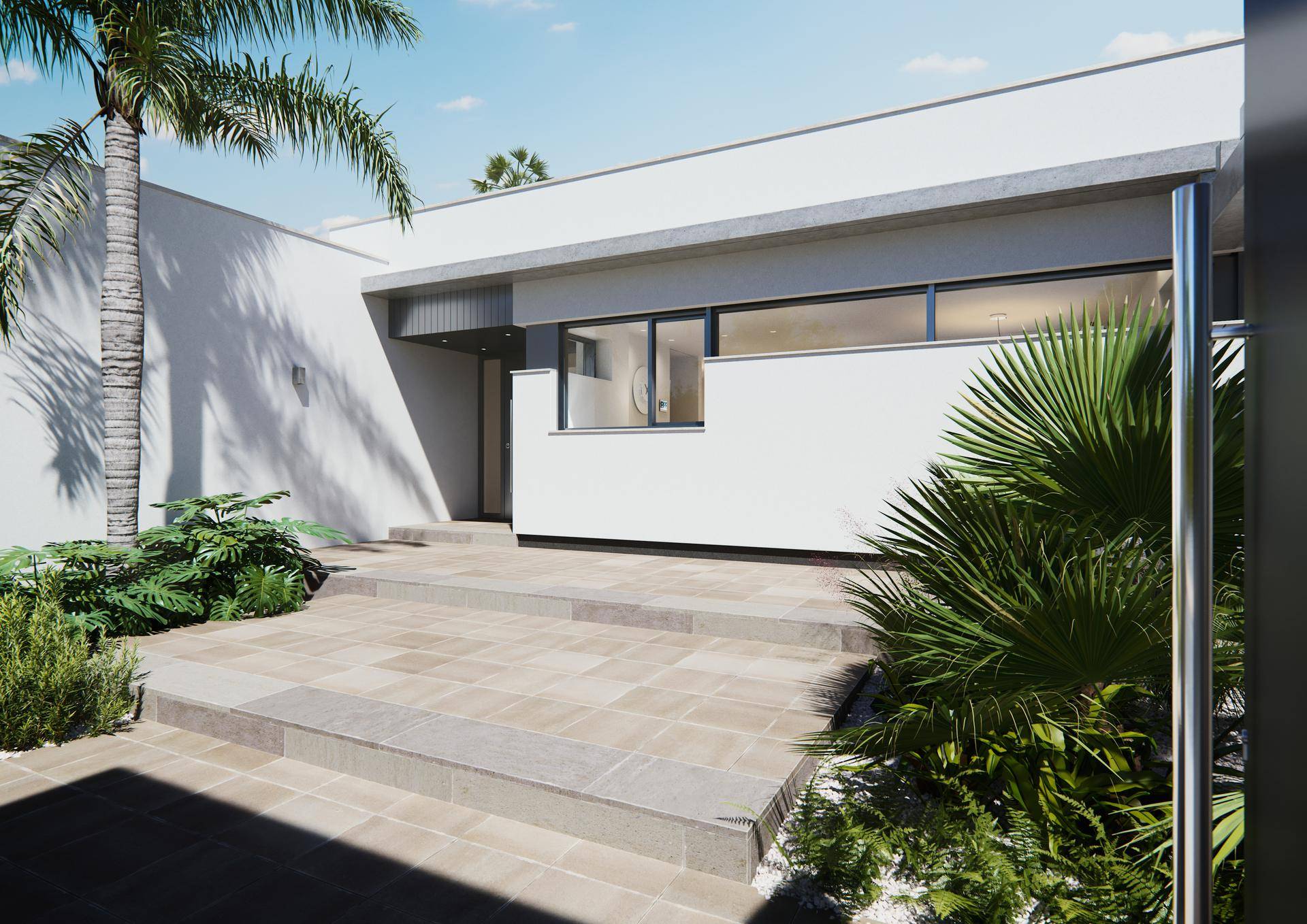 Eingangsbereich der modernen Villa mit Stufen und minimalistischer Gestaltung, umgeben von Pflanzen.