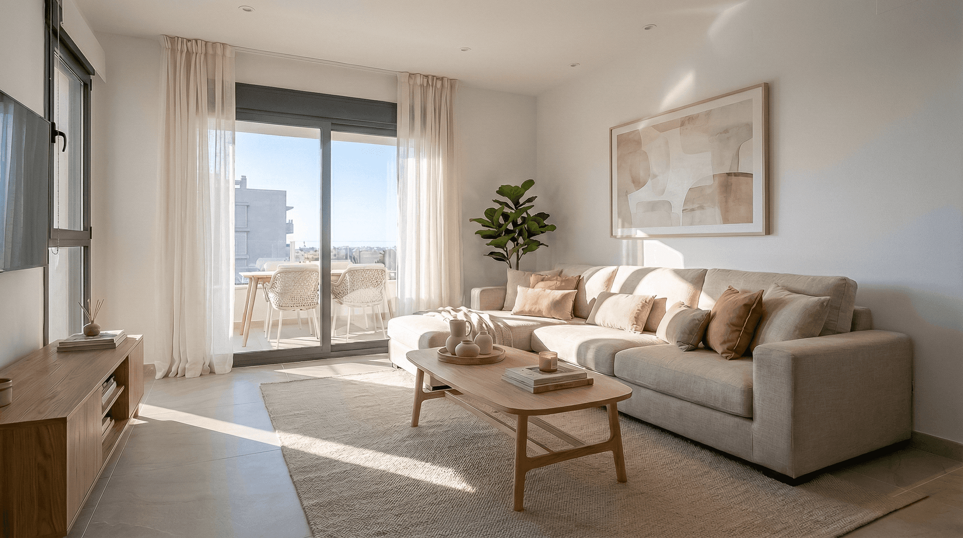 Lichtdurchflutetes Wohnzimmer mit modernem Sofa, Couchtisch und direktem Balkonzugang.