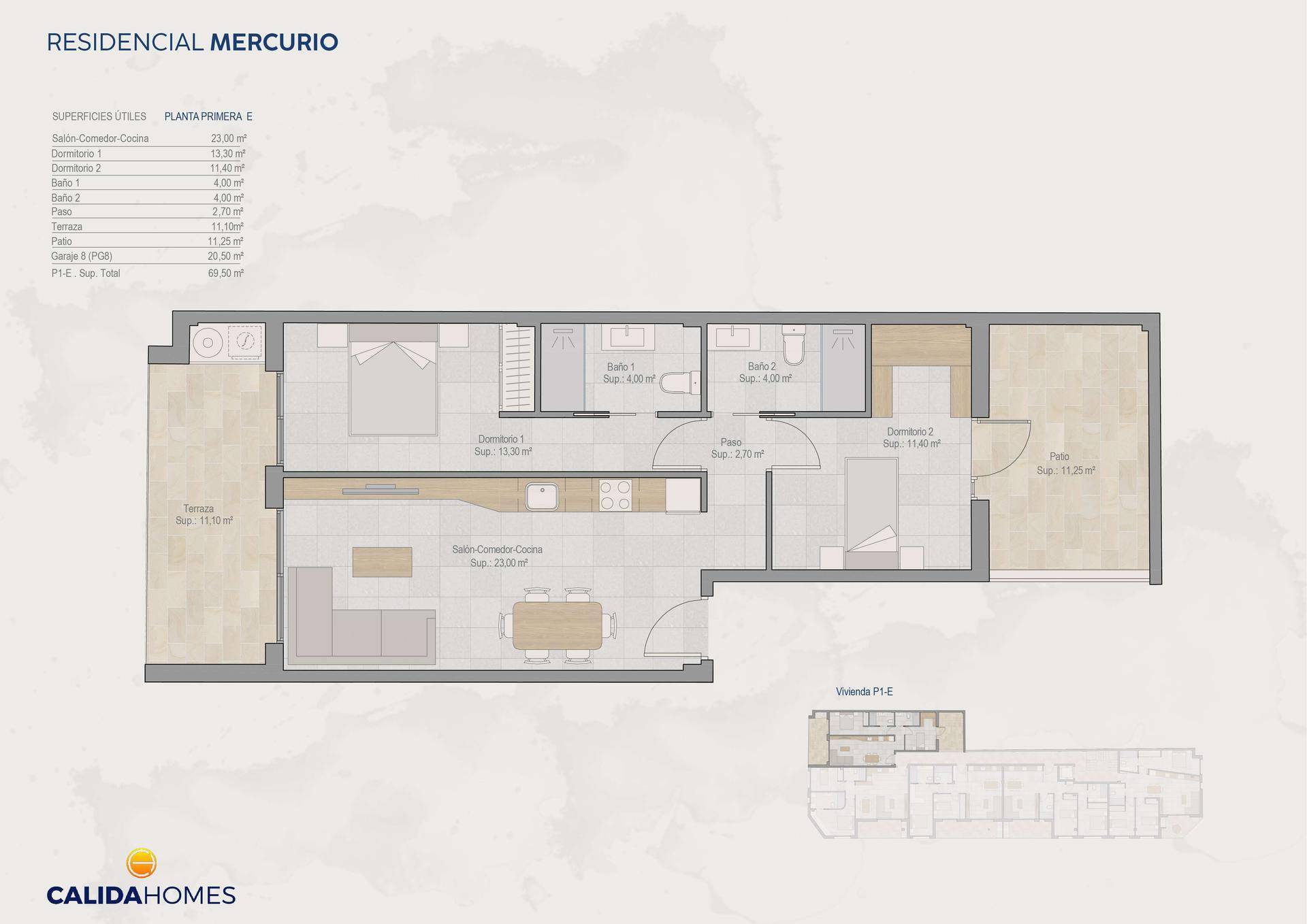 Grundriss der ersten Etage mit zwei Schlafzimmern, zwei Bädern und Terrasse.
