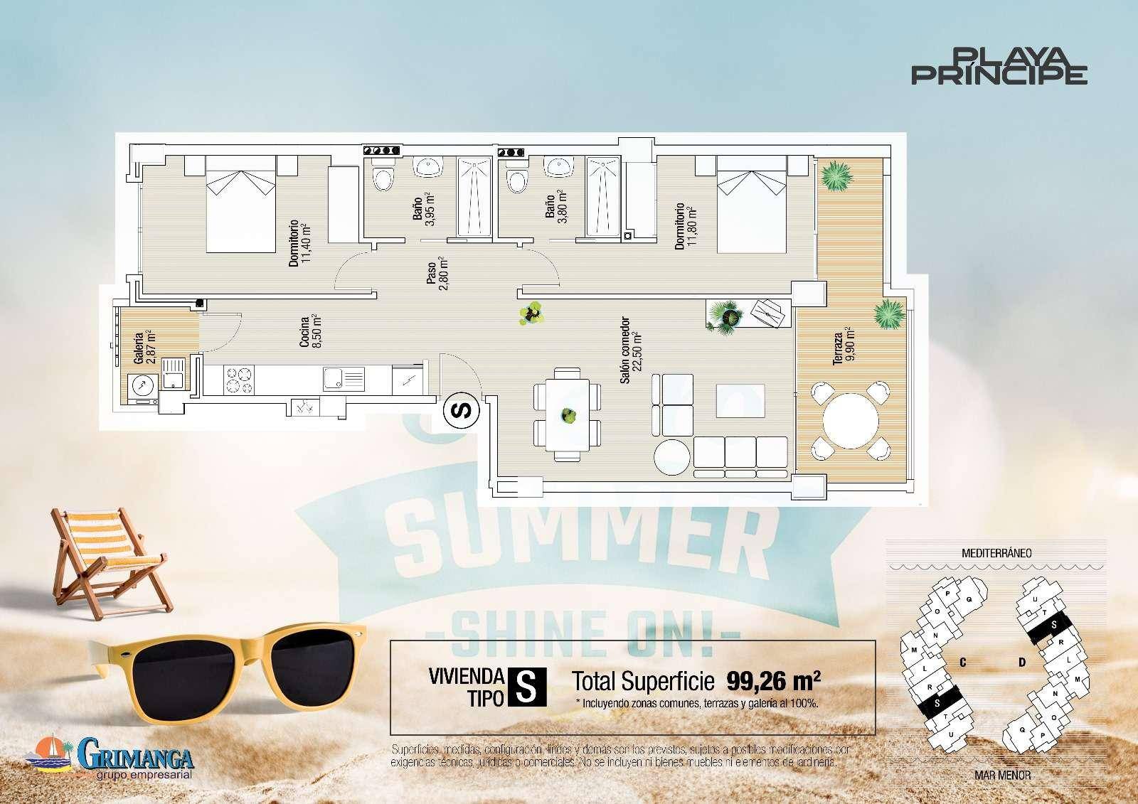 Detaillierter Grundriss einer Wohnung mit zwei Schlafzimmern, Terrasse und Gesamtfläche von 99,26 m².