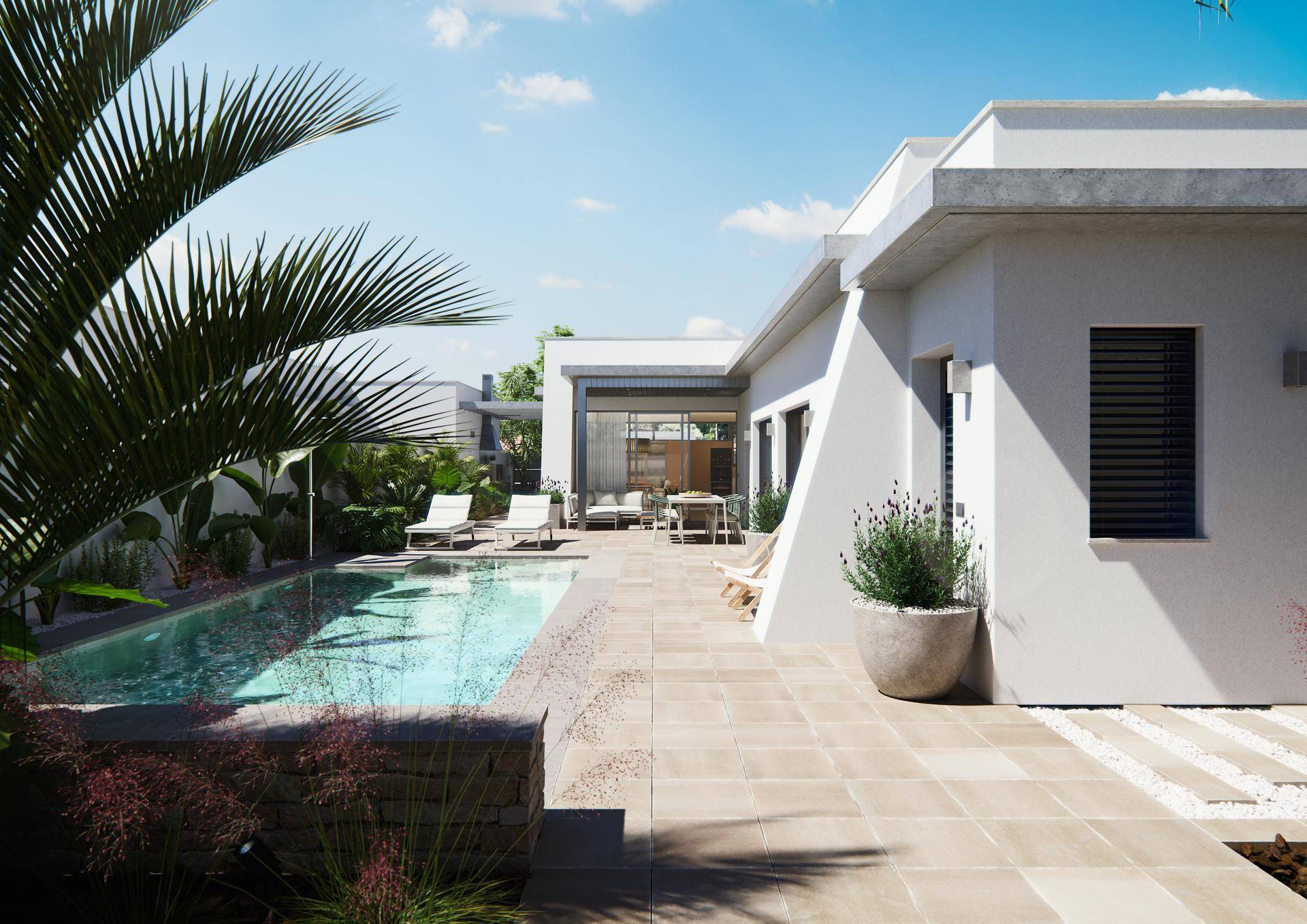 Elegante Terrasse mit Pool und mediterraner Bepflanzung, ideal für Entspannung im Freien.
