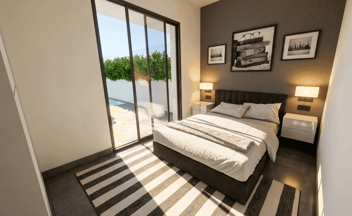 Schlafzimmer mit Doppelbett, gestreiftem Teppich und direktem Zugang zum Poolbereich.