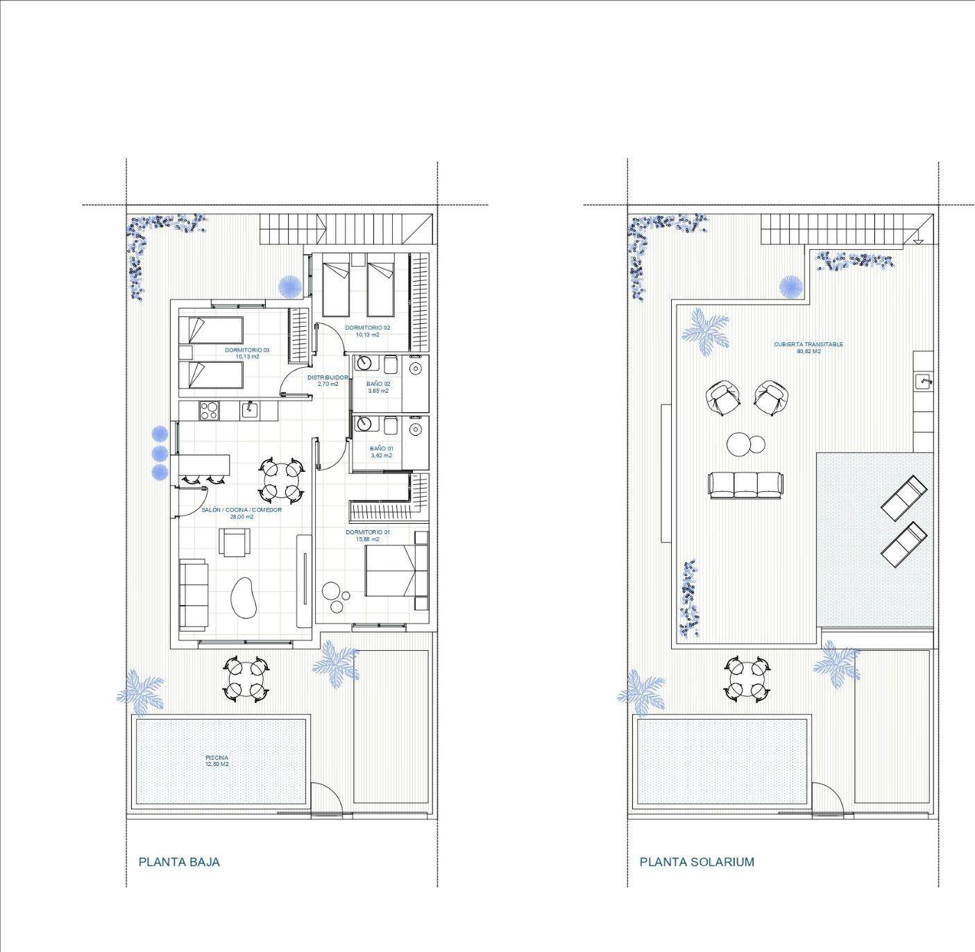 Grundriss der Erdgeschosswohnung und des Solariums mit Außenbereichen und Pool.
