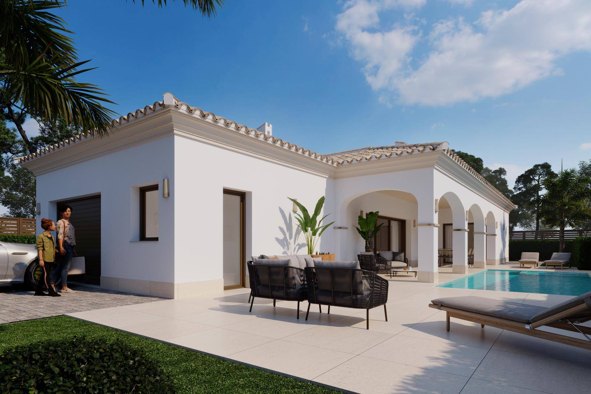Moderne Villa mit großem Poolbereich, Garage und weitläufiger Terrasse, umgeben von Grünflächen.