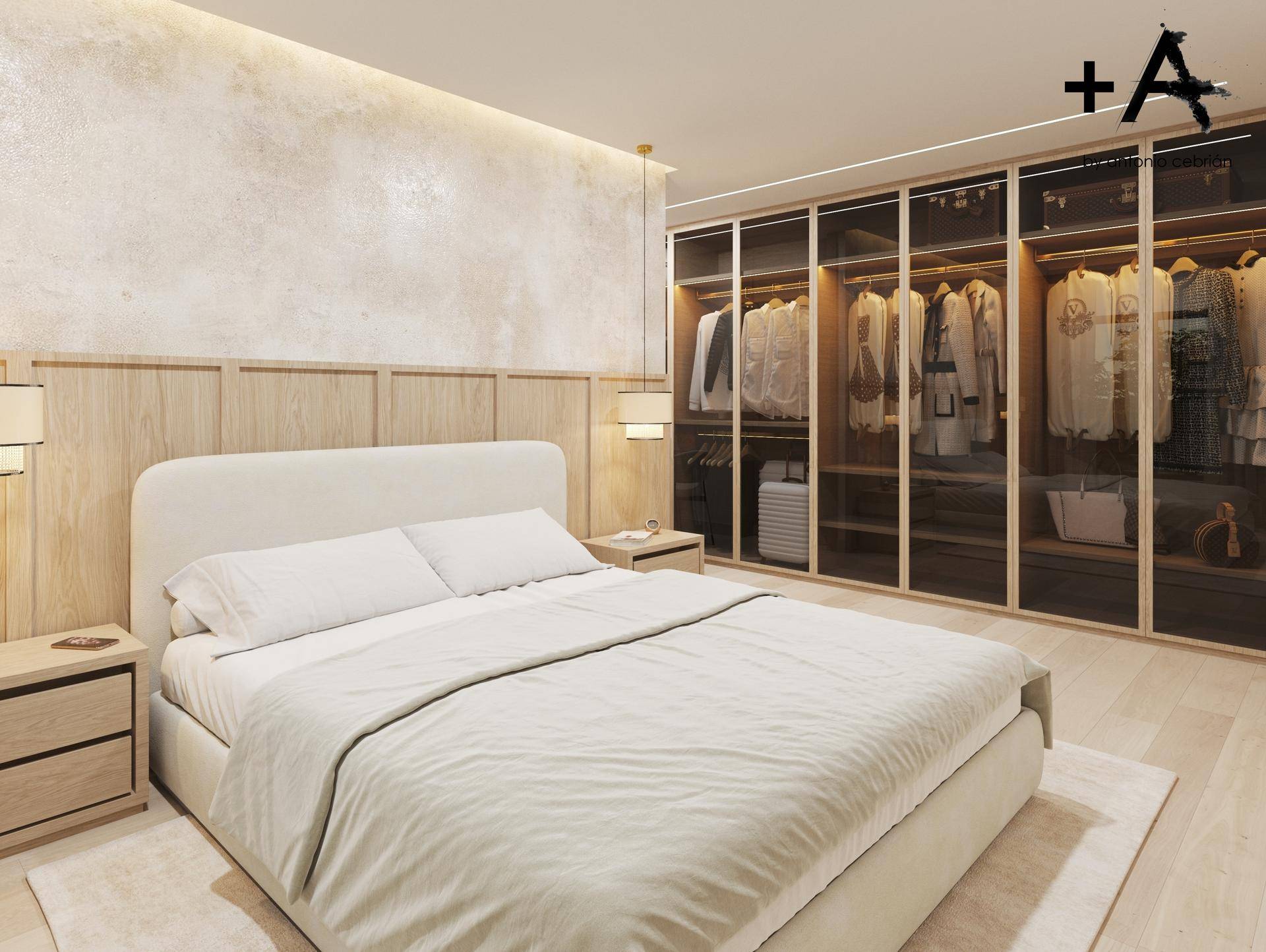 Stilvolles Schlafzimmer mit Doppelbett und offenem begehbarem Kleiderschrank mit Glasfronten.
