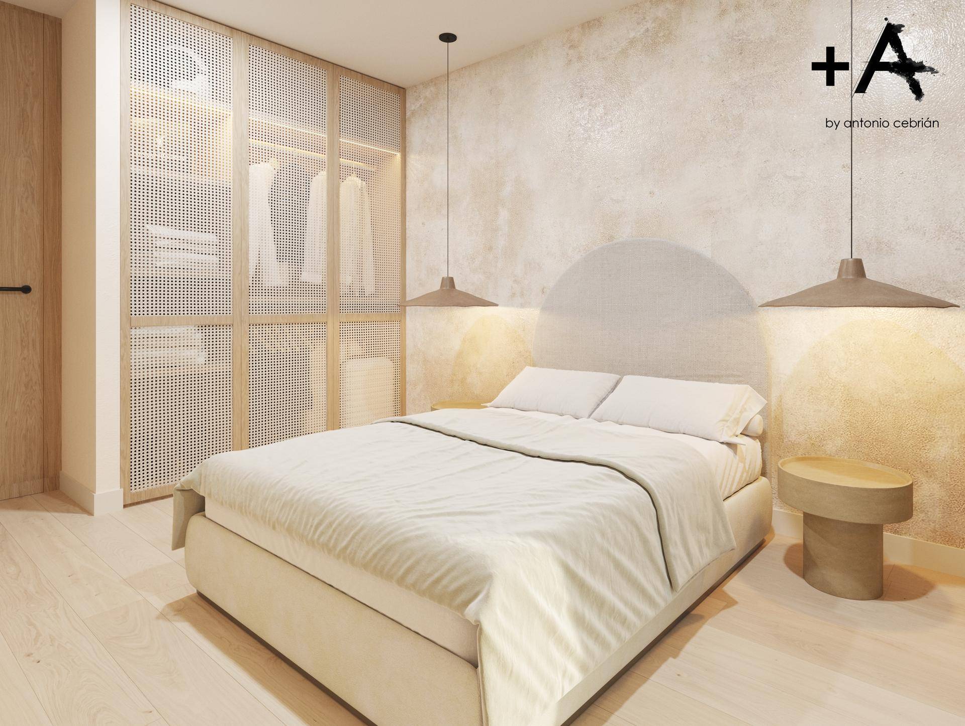 Modernes Schlafzimmer mit Doppelbett, stilvollen Hängeleuchten und integrierten Kleiderschränken.