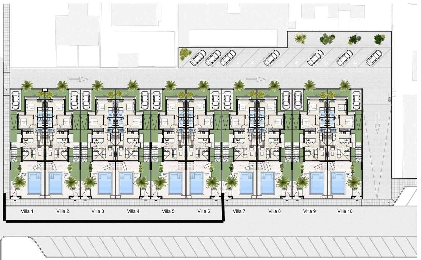 Übersichtsplan der Villenanlage mit Pools und Parkplätzen.