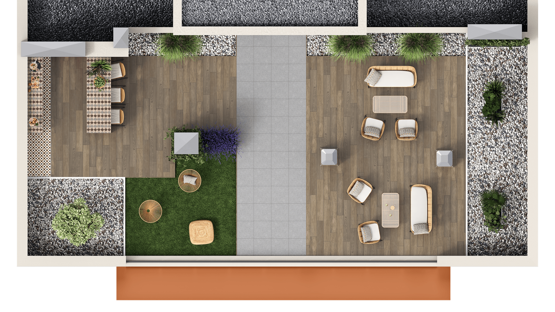 Grundrissartige Draufsicht der Dachterrasse mit detaillierter Anordnung der Möbel und Pflanzen.
