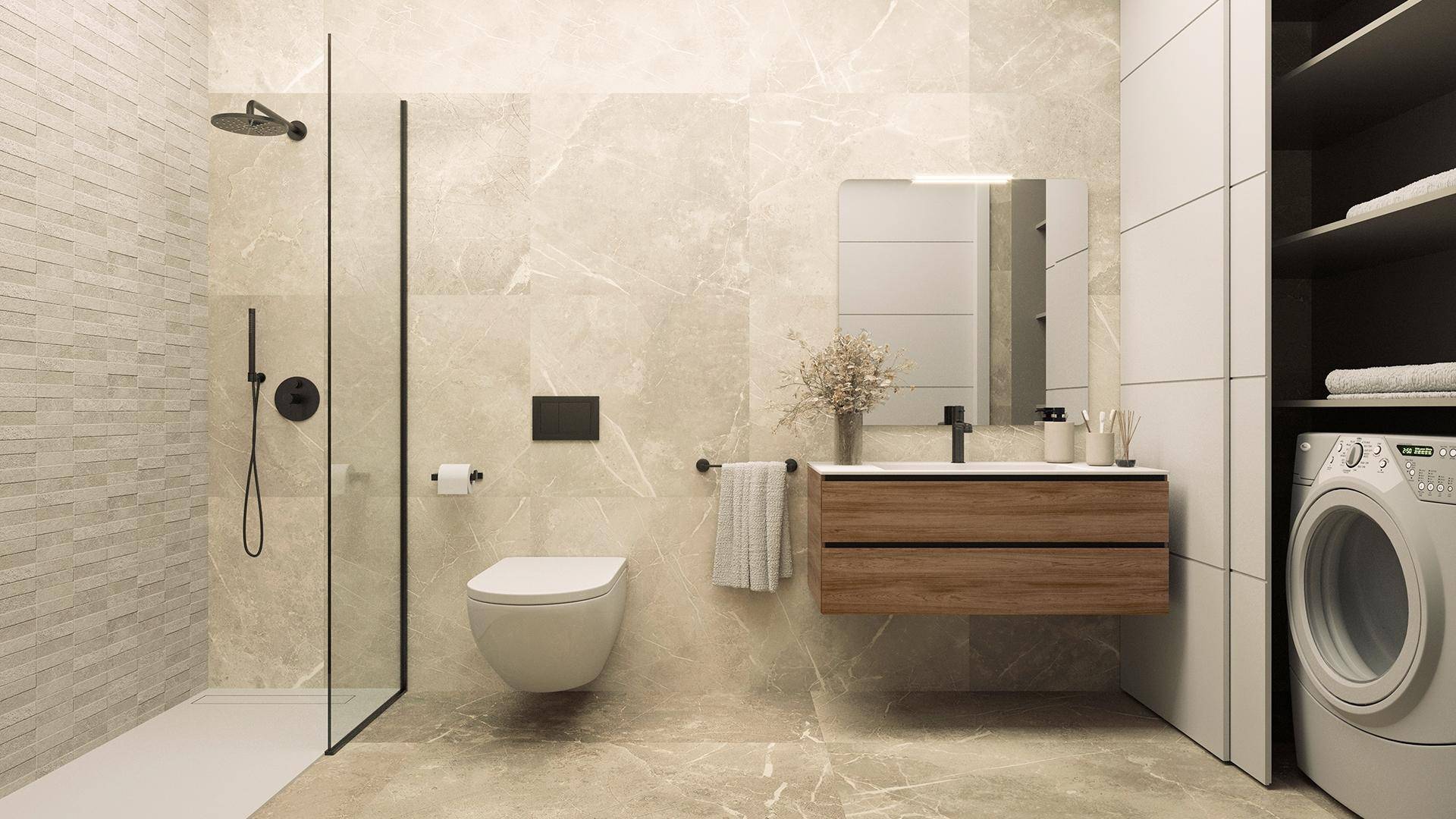 Modernes Badezimmer mit begehbarer Dusche, Wand-WC, Holzwaschtisch und Waschmaschine.