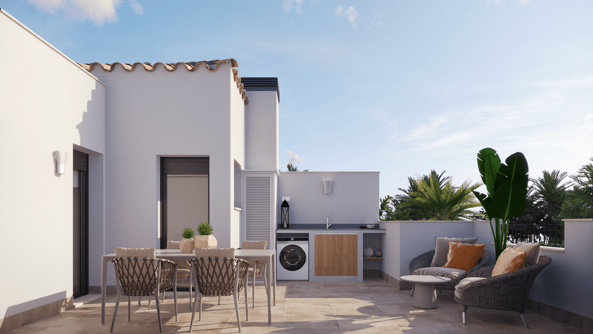 Geräumige Dachterrasse mit Essbereich, Lounge-Möbeln und Außenküche.