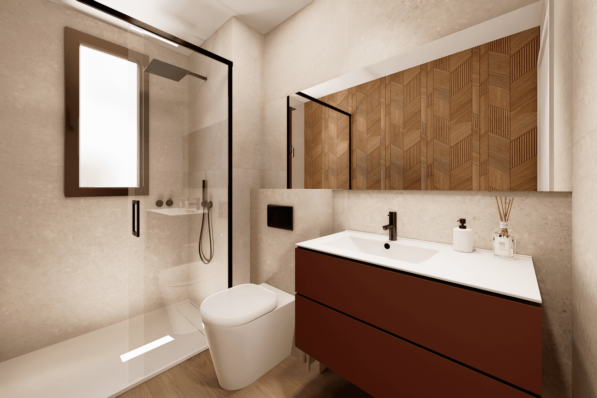 Modernes Badezimmer mit großer Dusche, Fenster und stilvollem Waschtisch mit braunen Unterschränken.
