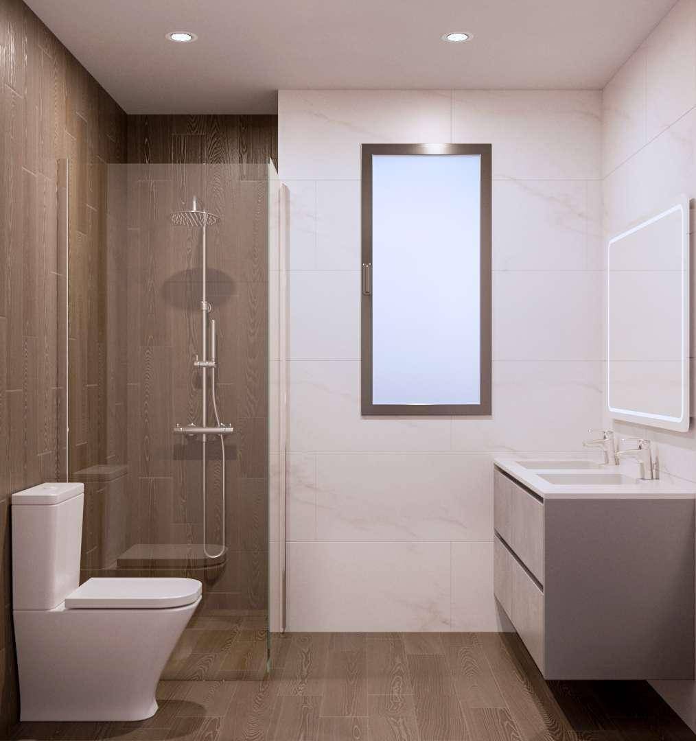 Geräumiges Badezimmer mit begehbarer Dusche, Doppelwaschbecken und Fenster.